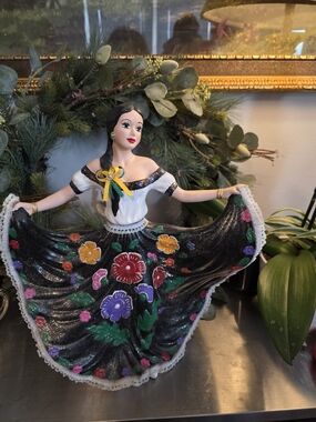 Handcrafted Black Floral Mexican Folklorico Skirt Figurine